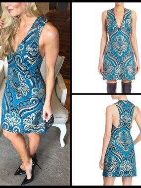 Alice + Olivia Sz 2 Natalee Jacquard Racerback A-Line Dress Turquoise Peacock